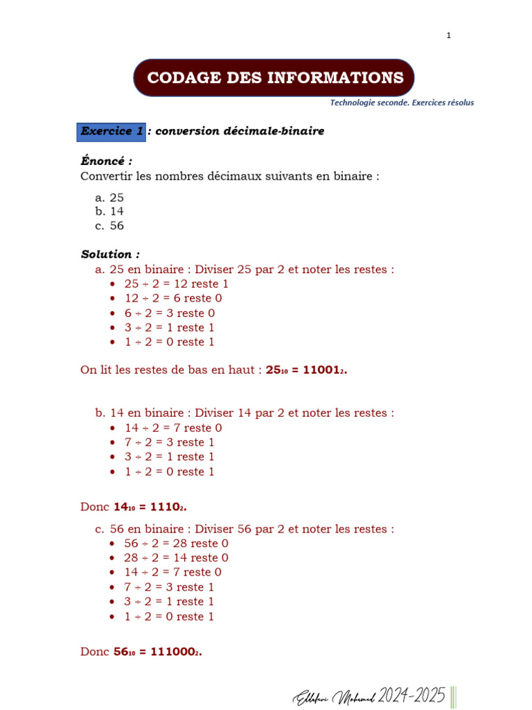 Exercices de codage binaire corrigés | PDF | Entier relatif | Théorie ...