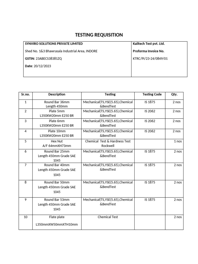 Testing Requisition for Mechanical & Chemical Tests | PDF