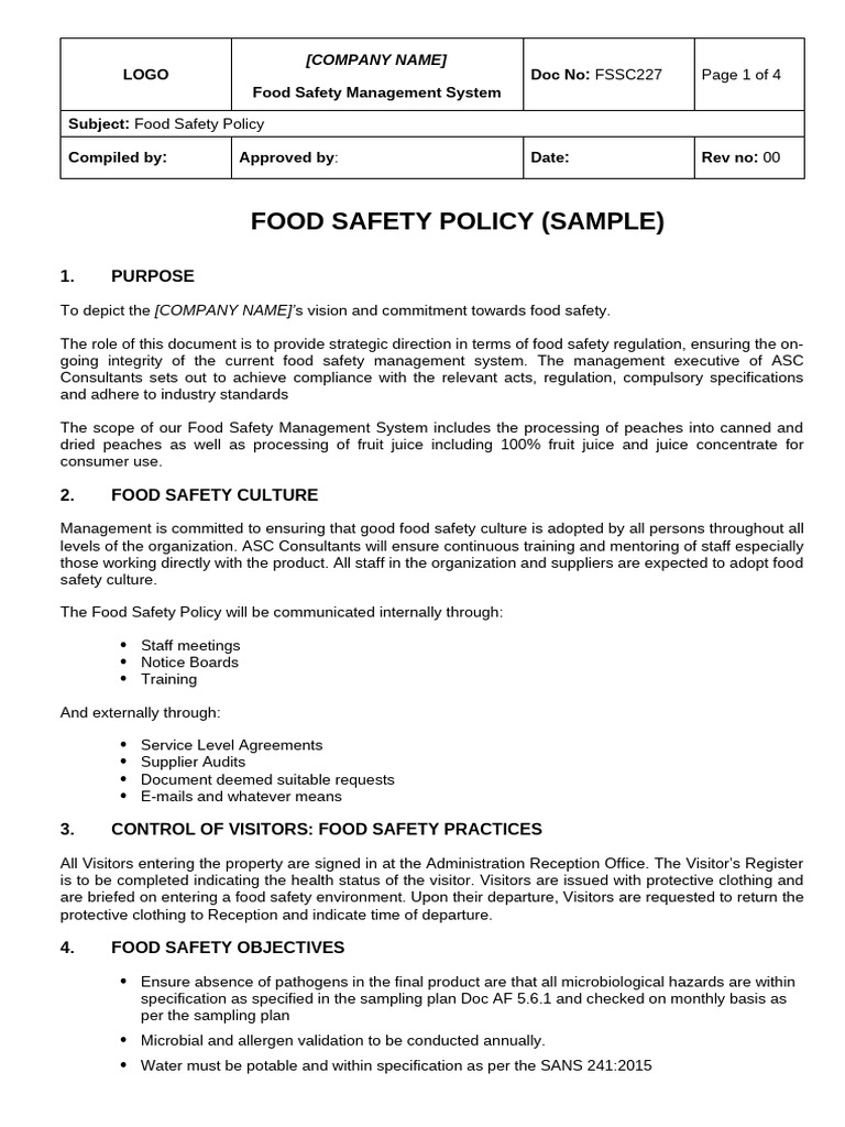 Sample Food Safety Policy Document | PDF | Food Safety