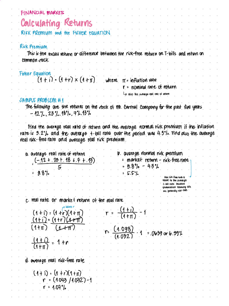 Calculating Returns - Risk Premium and The Fisher Equation | PDF