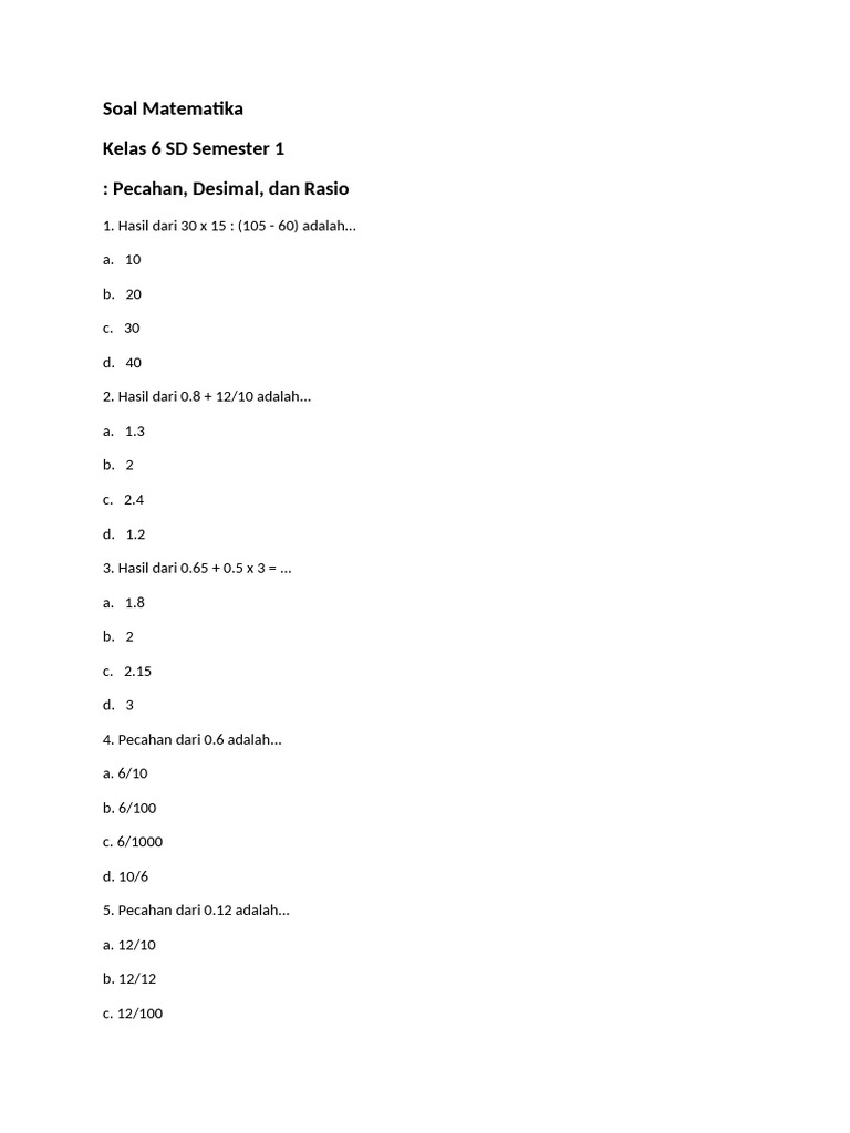 Soal Matematika Kelas 6 SD Semester 1 | PDF | Metode & Bahan Ajar