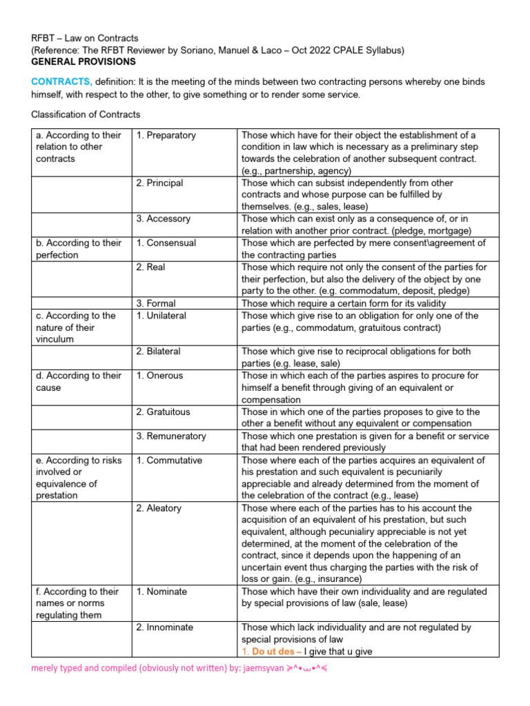 RFBT: Law on Contracts Overview | PDF | Misrepresentation | Offer And ...