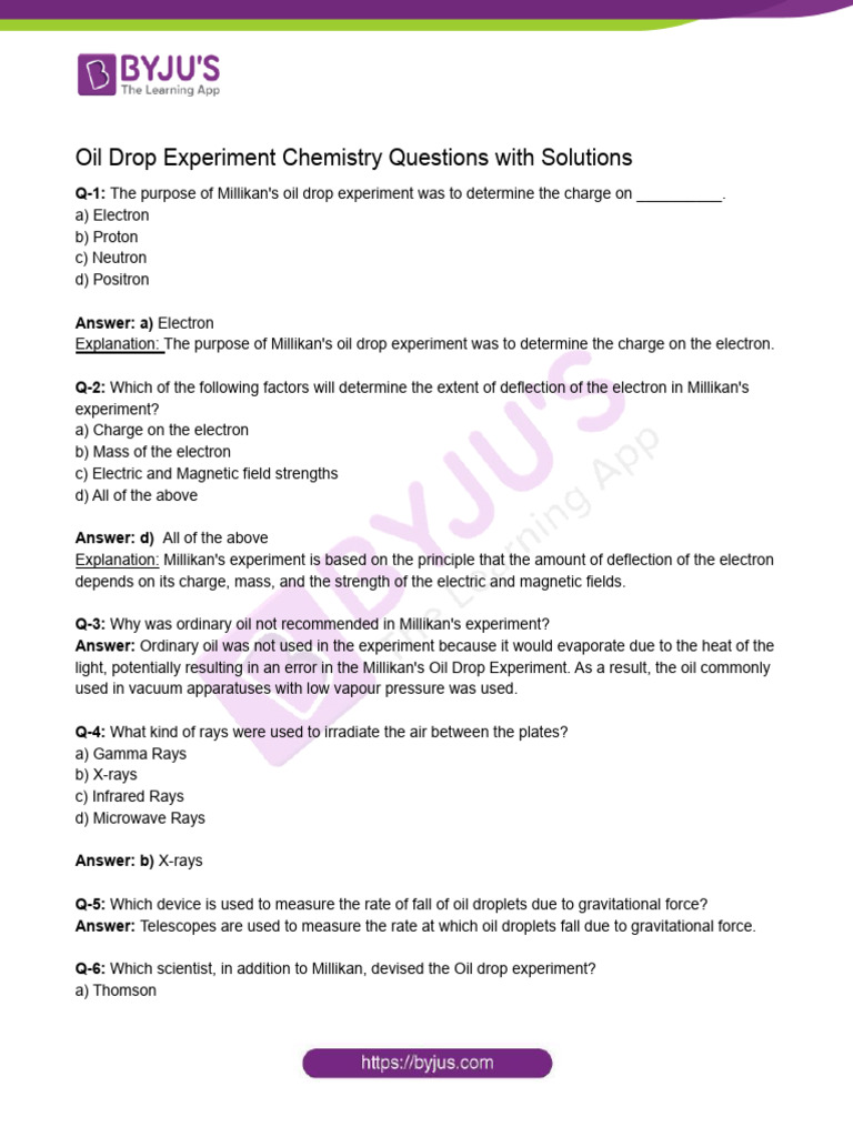 Oil-Drop-Experiment-Chemistry-Questions-with-Solutions.docx | PDF ...