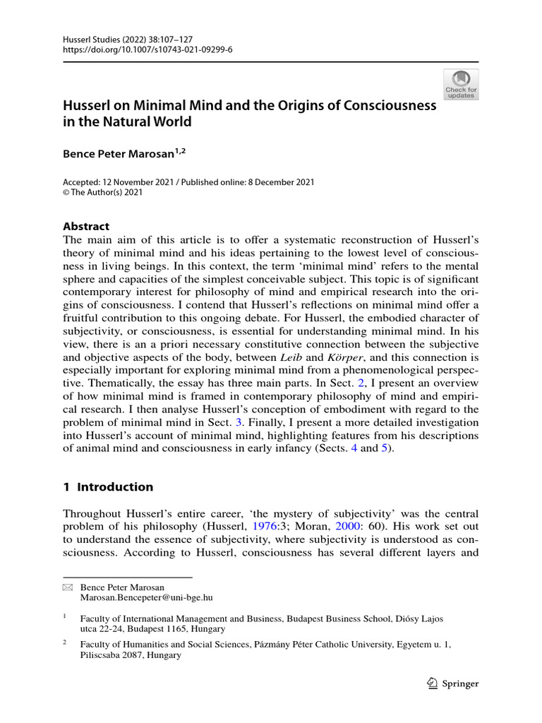 Husserl On Minimal Mind and The Origins of Consciousness in The Natural ...