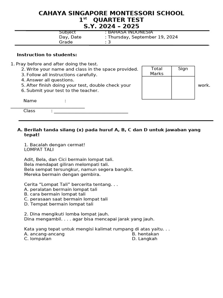 Ujian Bahasa Indonesia Kelas 3 | PDF