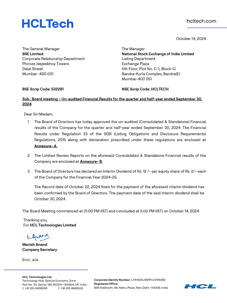 HCL Q2 2024 Financial Results | PDF | Income Statement | Equity (Finance)