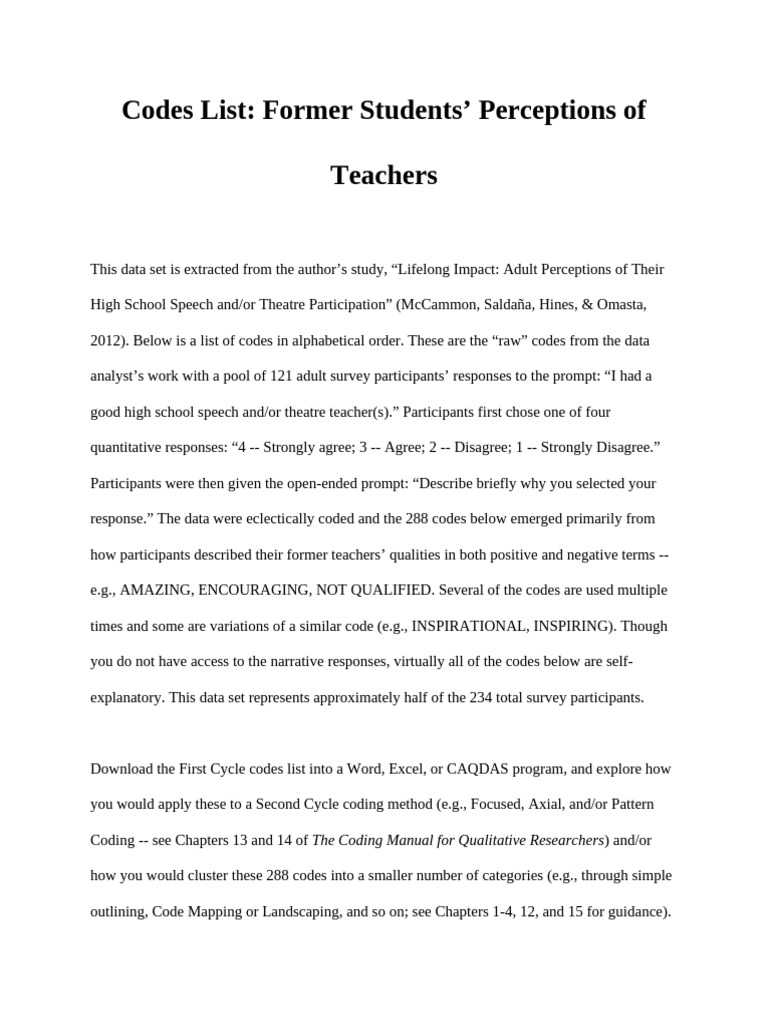 Sample codes list former student perceptions of teachers pdf data