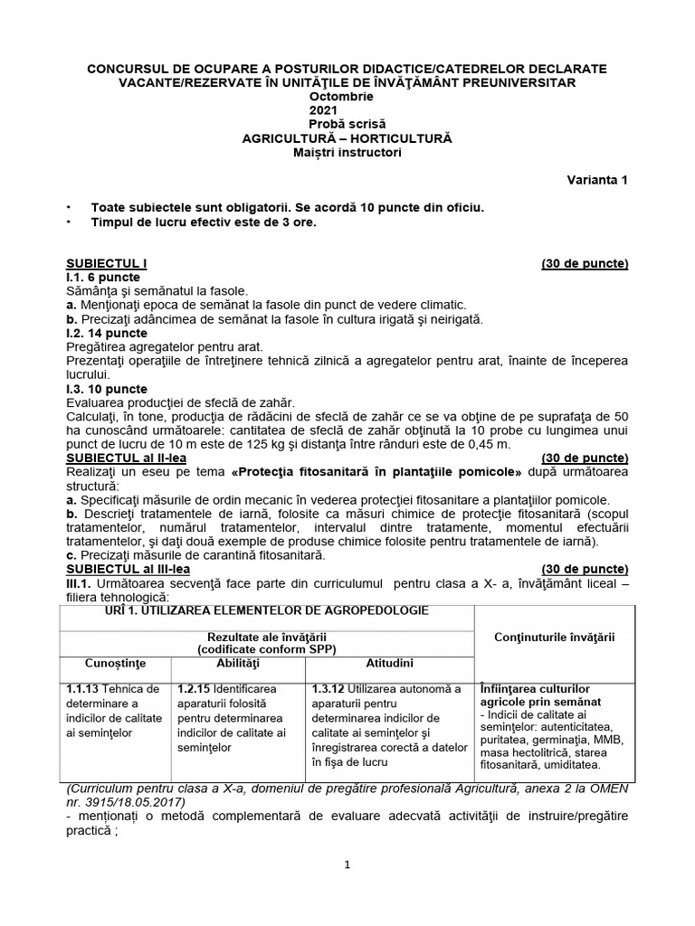 Varianta 1 Subiecte Agricultura | PDF
