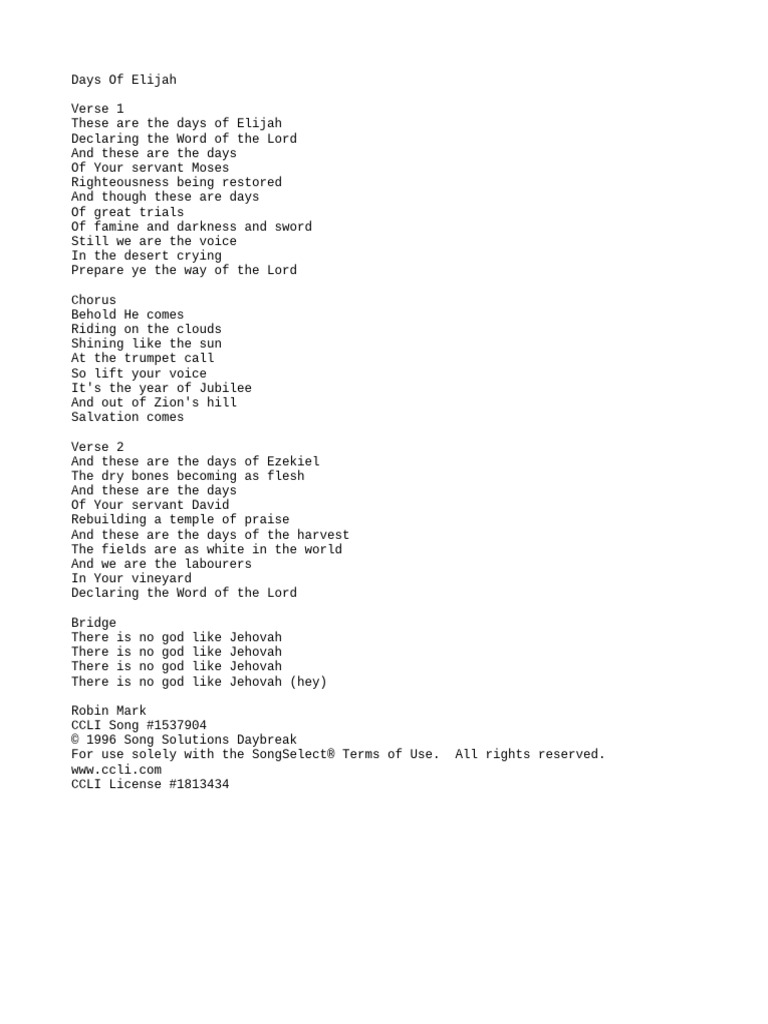 Days of elijah lyrics pdf religion spirituality