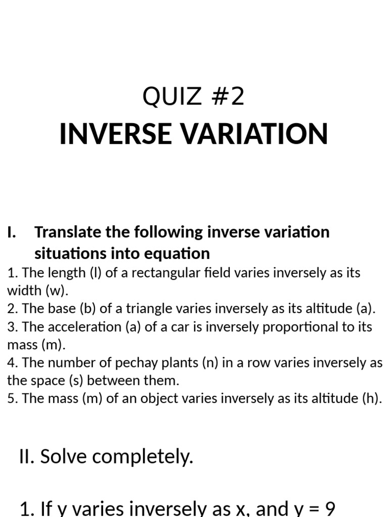 Inverse Variation Quiz and Solutions | PDF