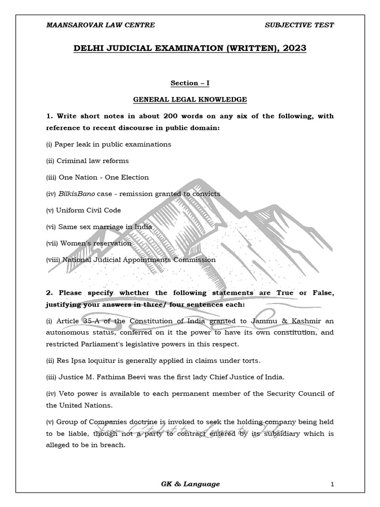 Delhi Judicial Exam 2023 Subjective Test | PDF | Tort | Judiciaries