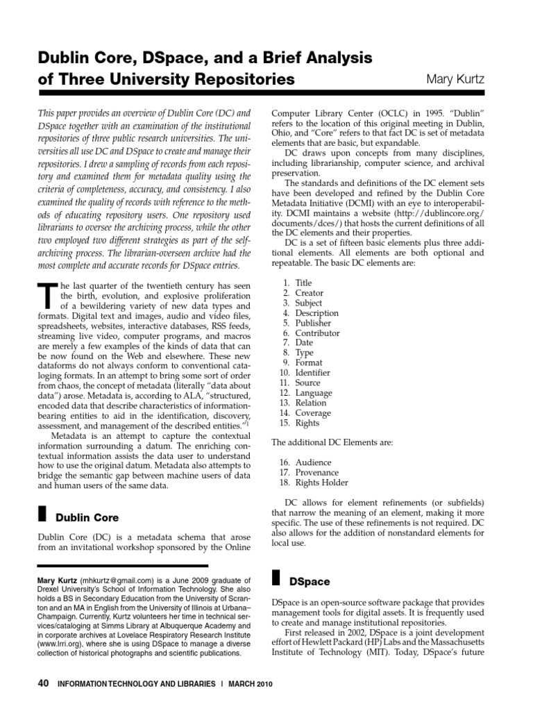 Dublin Core DSpace and A Brief Analysis of Three U | PDF | Metadata ...