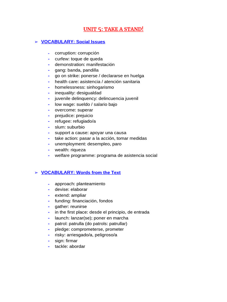 Unit 5: Social Issues Vocabulary | PDF | Linguistics | Grammar