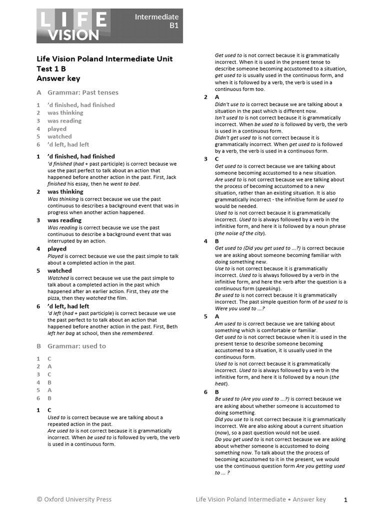 Life Vision B1 Unit 1 Answer Key | PDF | Verb | Linguistics