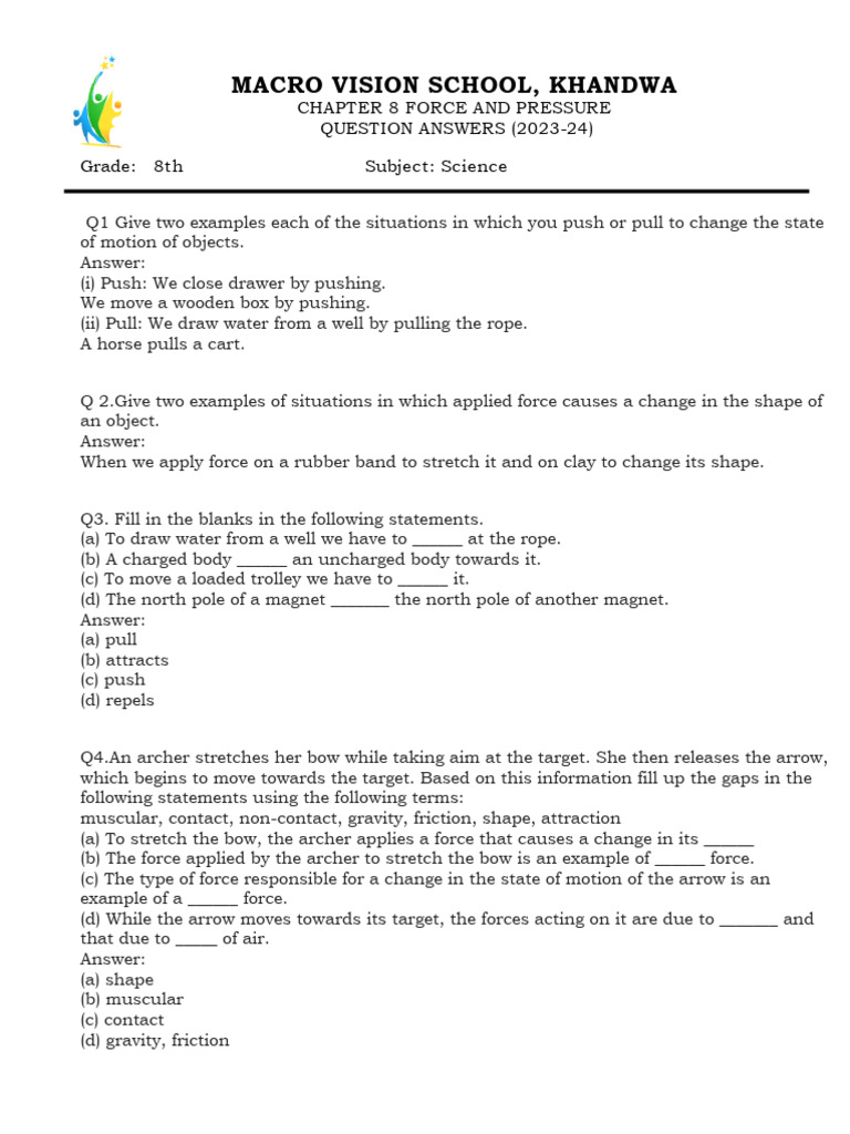 Class 8 Science: Force and Pressure Q&A | PDF | Force | Rocket