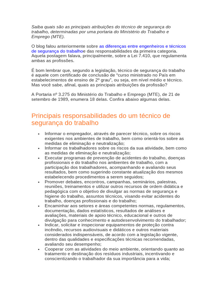 Atribuições do Técnico de Segurança do Trabalho | PDF | Segurança e ...