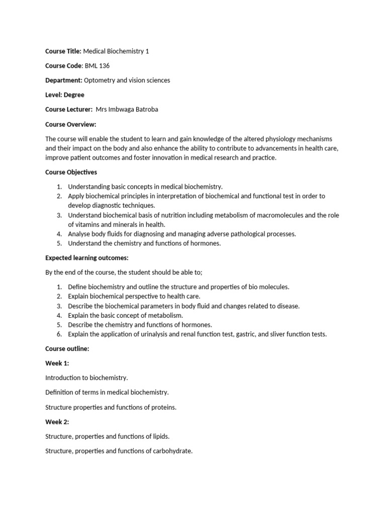 Medical Biochemistry Course Overview | PDF | Biochemistry | Chemistry