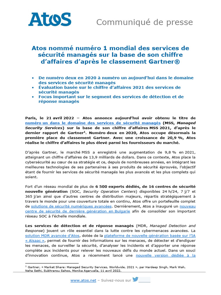 Atos, leader mondial en sécurité managée | PDF | Sécurité des systèmes ...