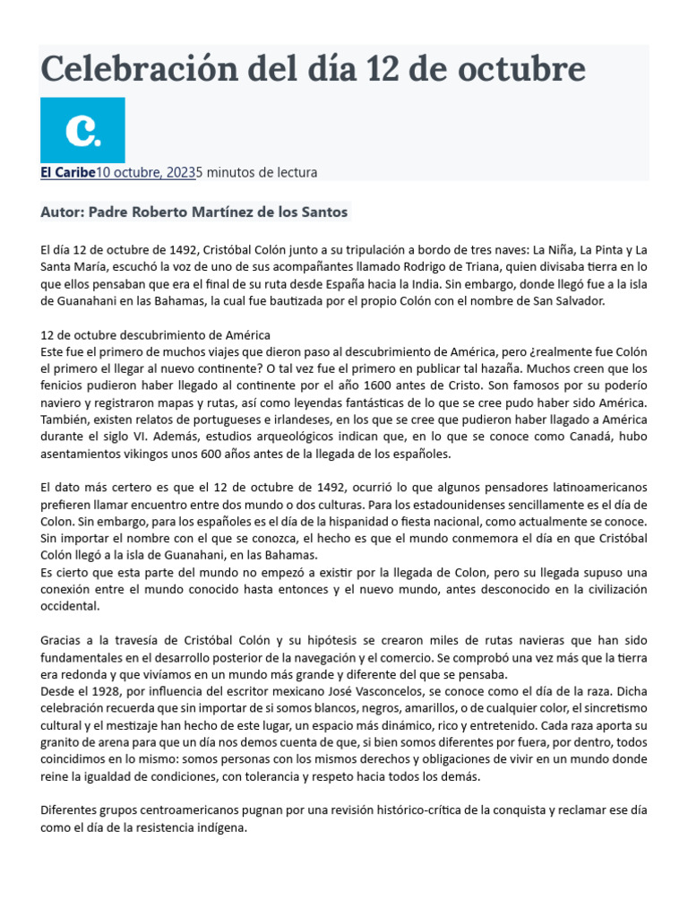 Celebración del 12 de octubre: Historia y Reflexión | PDF | Cristobal colon