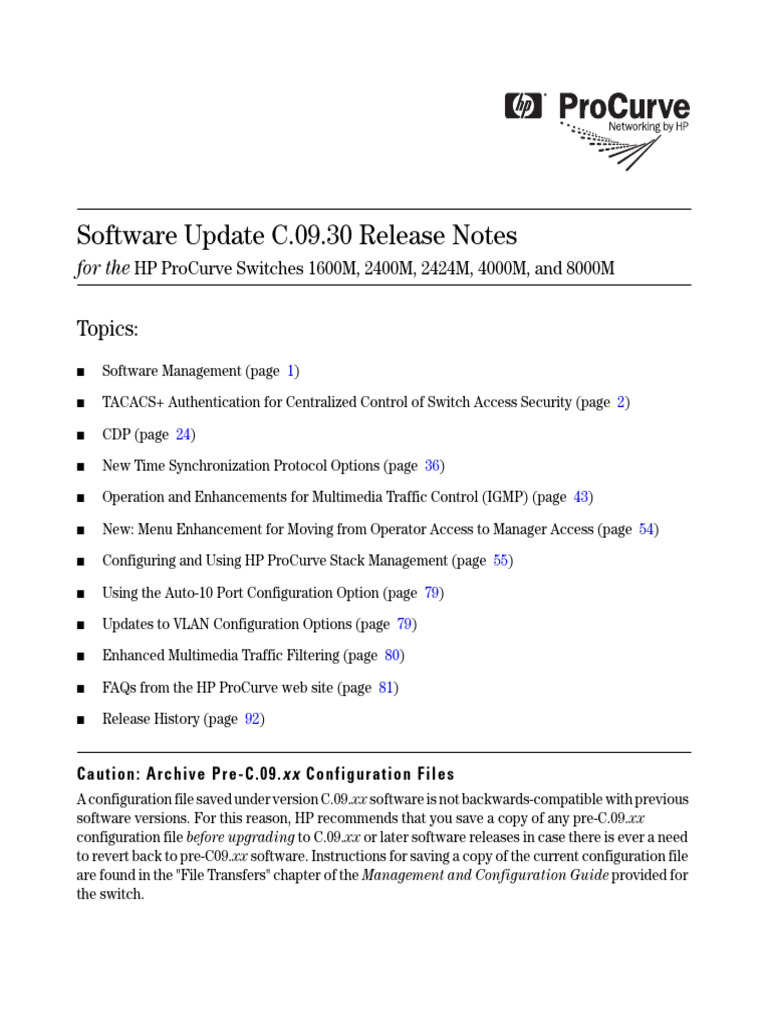 Software Update C.09.30 Release Notes | PDF | Password | Websites