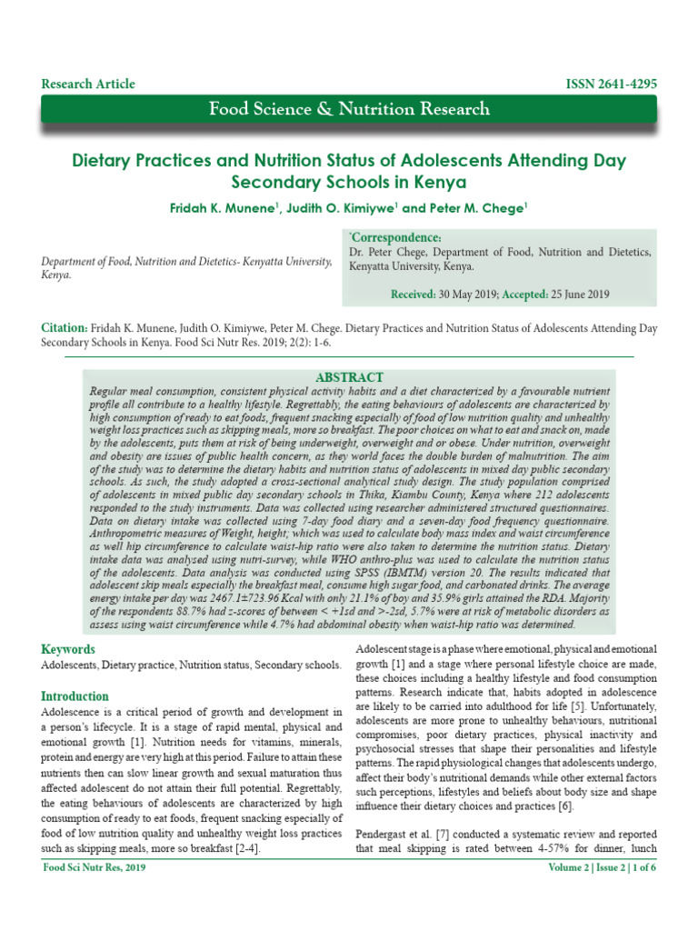 Dietary Practices and Nutrition Status of Adolescents Attending Day ...