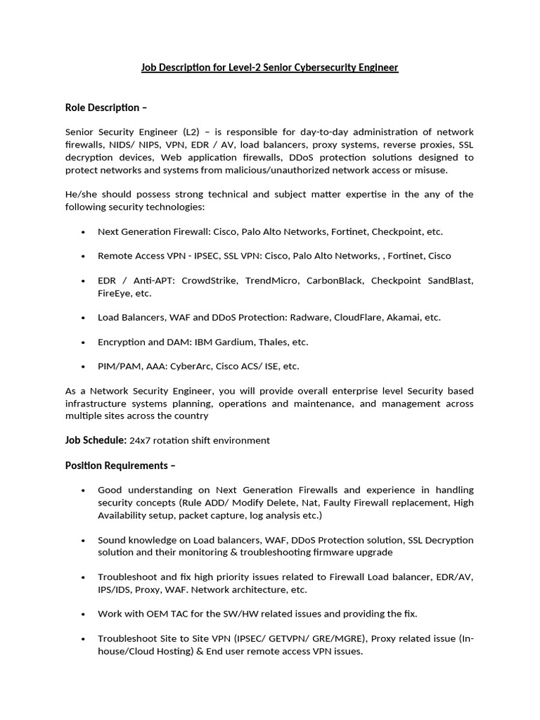Senior Cybersecurity Engineer Job Description | PDF | Proxy Server ...