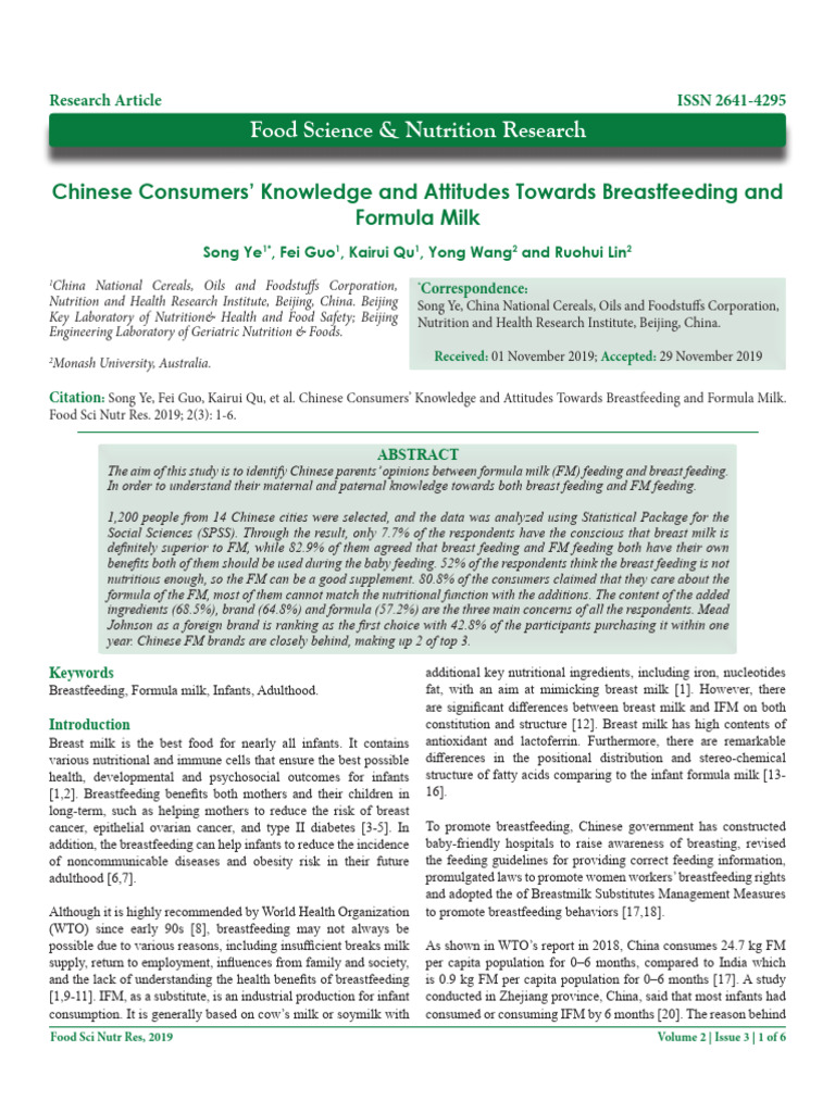 Chinese Consumers' Knowledge and Attitudes Towards Breastfeeding and ...
