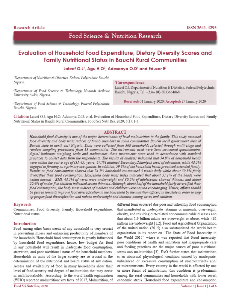 Evaluation of Household Food Expenditure, Dietary Diversity Scores and ...