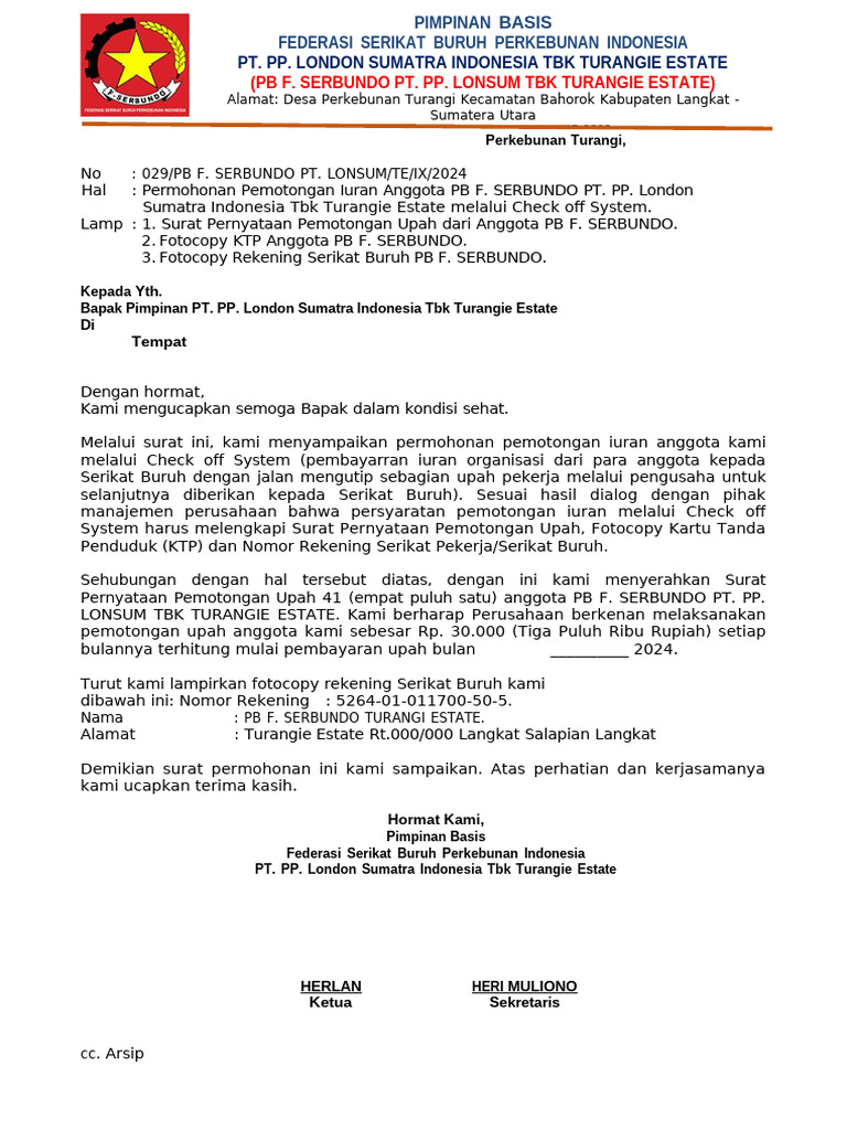 Surat 029. Tentang Permohonan Pemotongan Iuran Melalui Check Off System ...