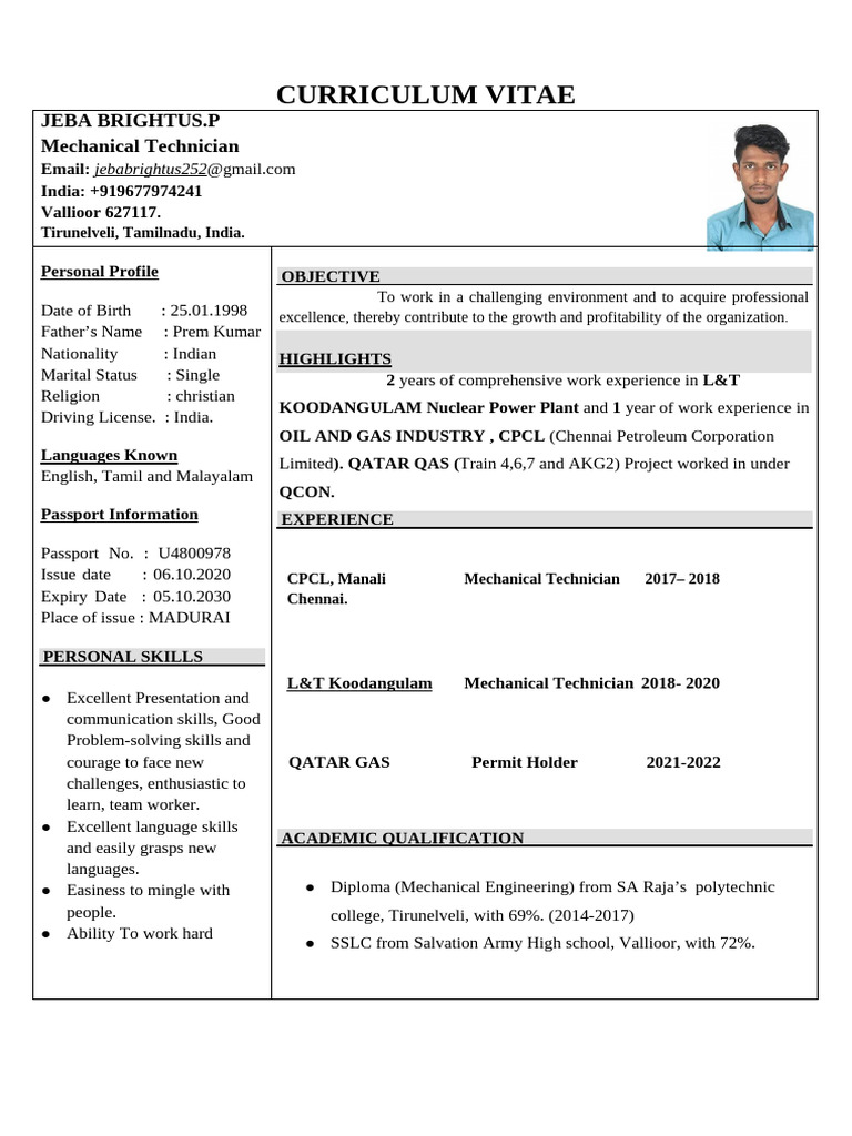 Jeba Brightus: Mechanical Technician CV | PDF | Pump | Mechanical ...