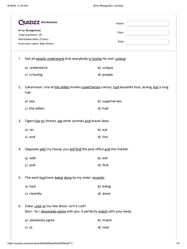 Error Recognition Worksheets for Students | PDF