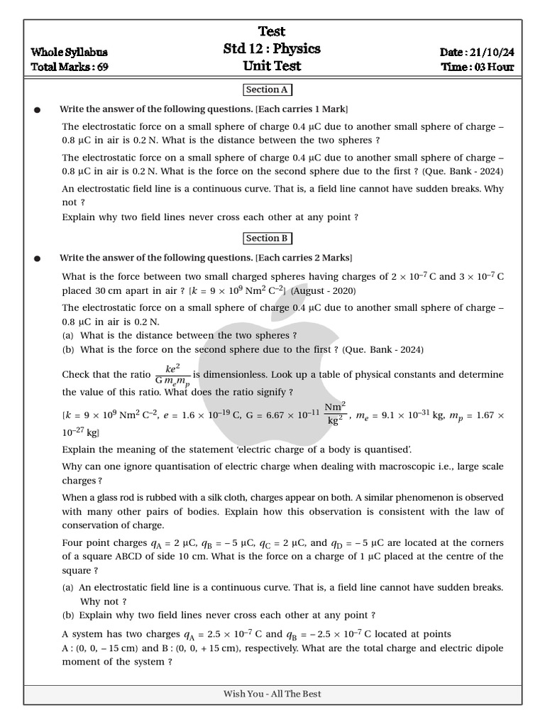 Class 12 ch 1 textual exercise answersheet pdf electric field