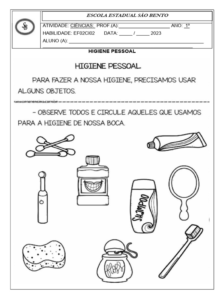 Atividade de Higiene Pessoal 1º Ano | PDF
