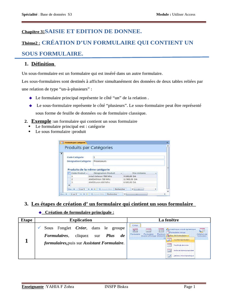 Créer un formulaire avec sous-formulaire Access | PDF