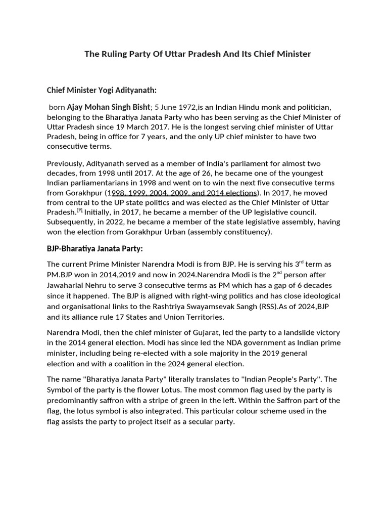 The Ruling Party of Uttar Pradesh and Its Chief Minister | PDF