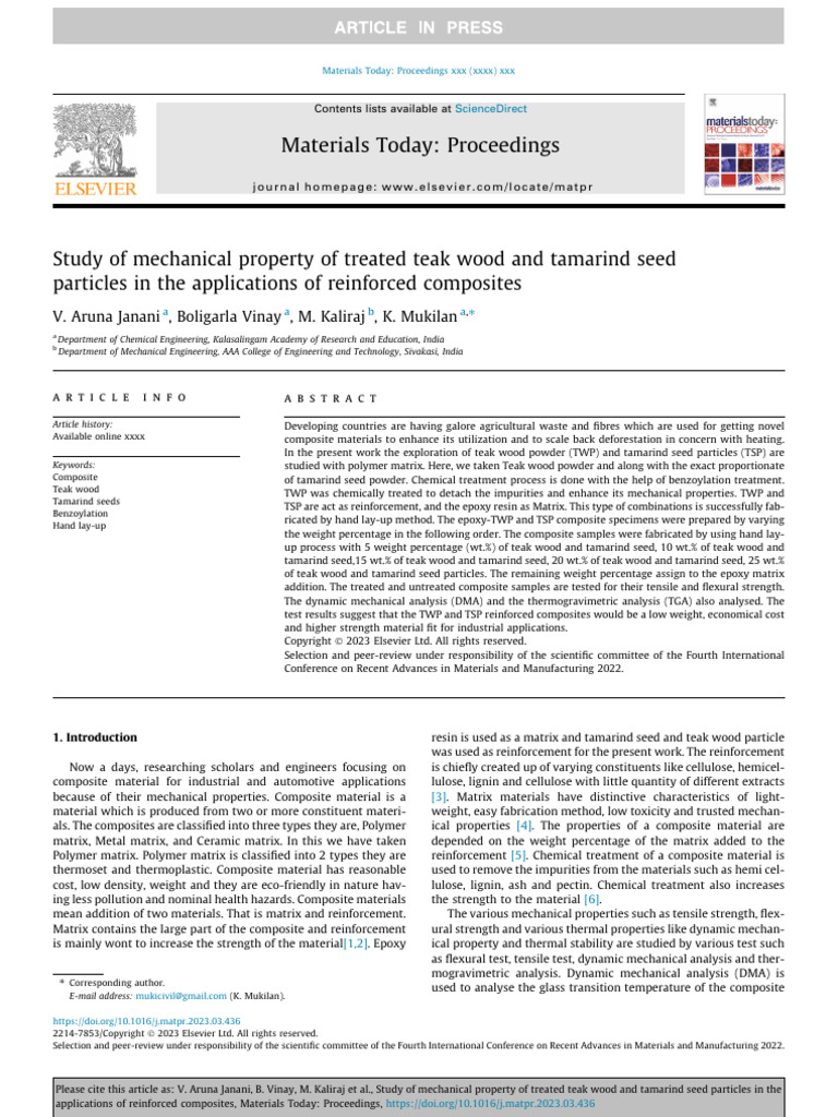Study of Mechanical Property of Treated Teak Wood and Tamarind Seed ...