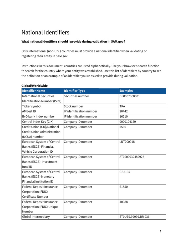 National Identifiers for SAM.gov Validation | PDF | Identifier | Value ...