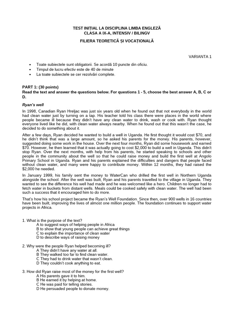 Test Initial L1 - Intensiv - IX - Filiera Teoretica - Limba Engleza | PDF
