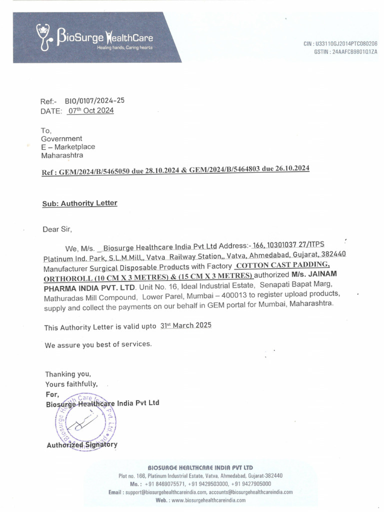 Jainam Pharma Authority Letter | PDF