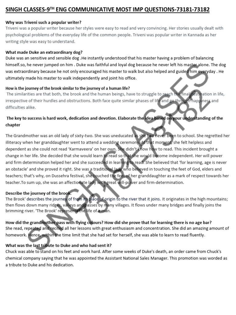 9TH ENG COMMNICATIVE UT 1 MOST IMP Engine Question Answers - Edited | PDF