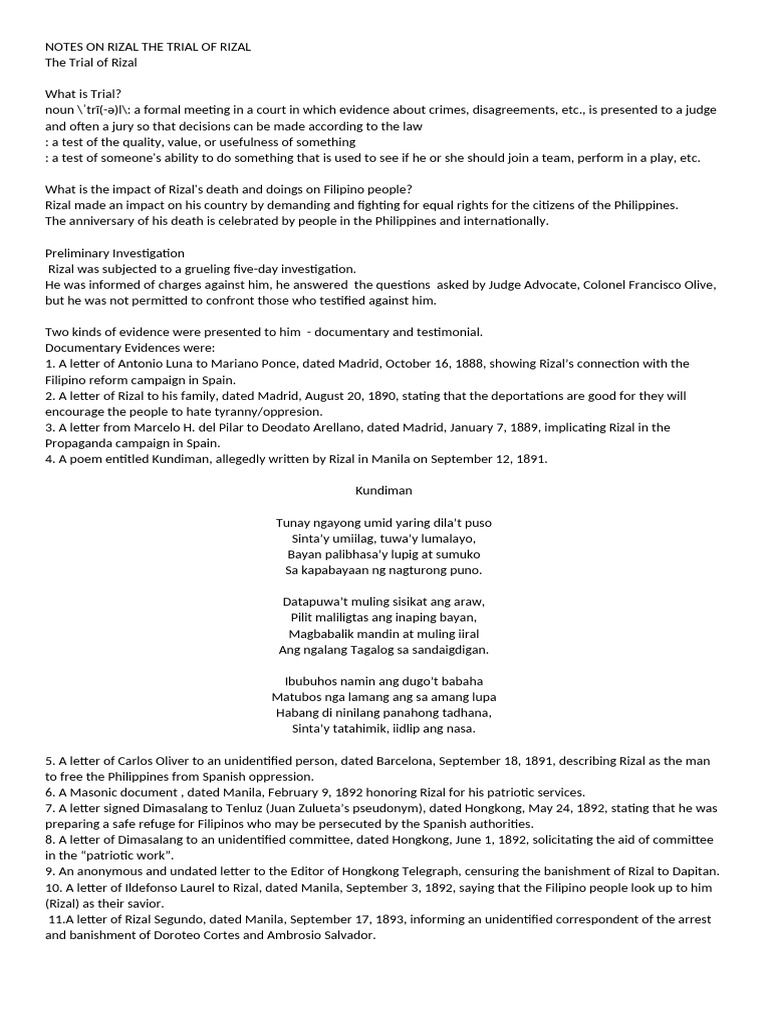 Notes On Rizal The Trial of Rizal | PDF | Philippines