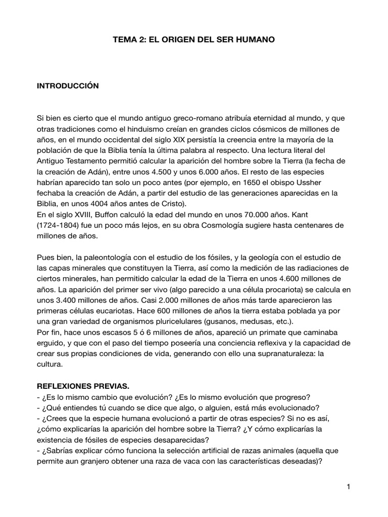 Tema 2 El Origen Del Ser Humano | PDF | Evolución | Seleccion natural