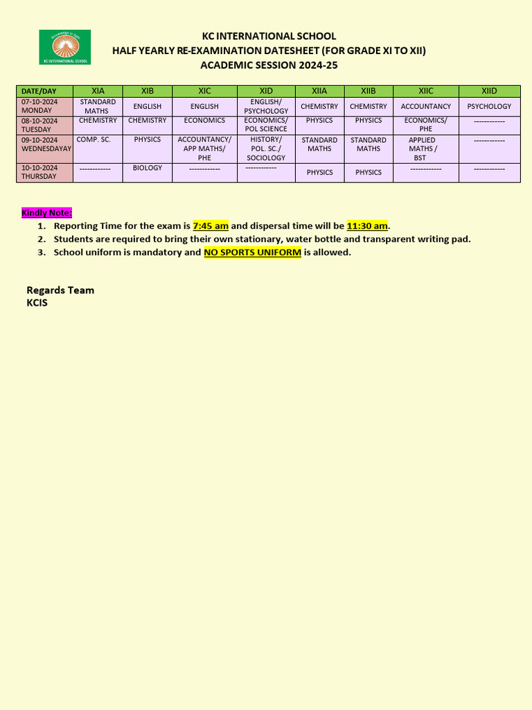 Half Yearly Re-Exam Datesheet 2024-25 Xi To Xii | PDF