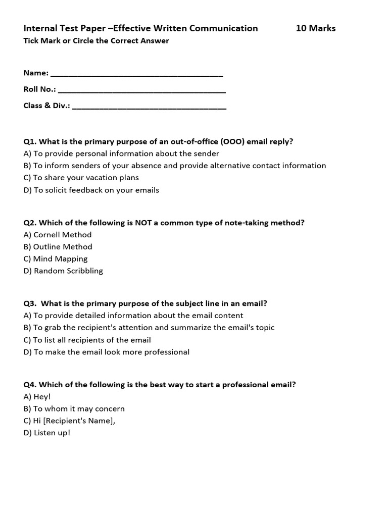 Internal Test Paper - Effective Written Communication | PDF