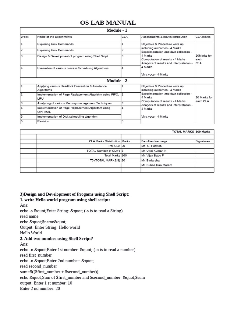 OS Lab Manual: Experiments & Marks | PDF | Computer Programming | Computing