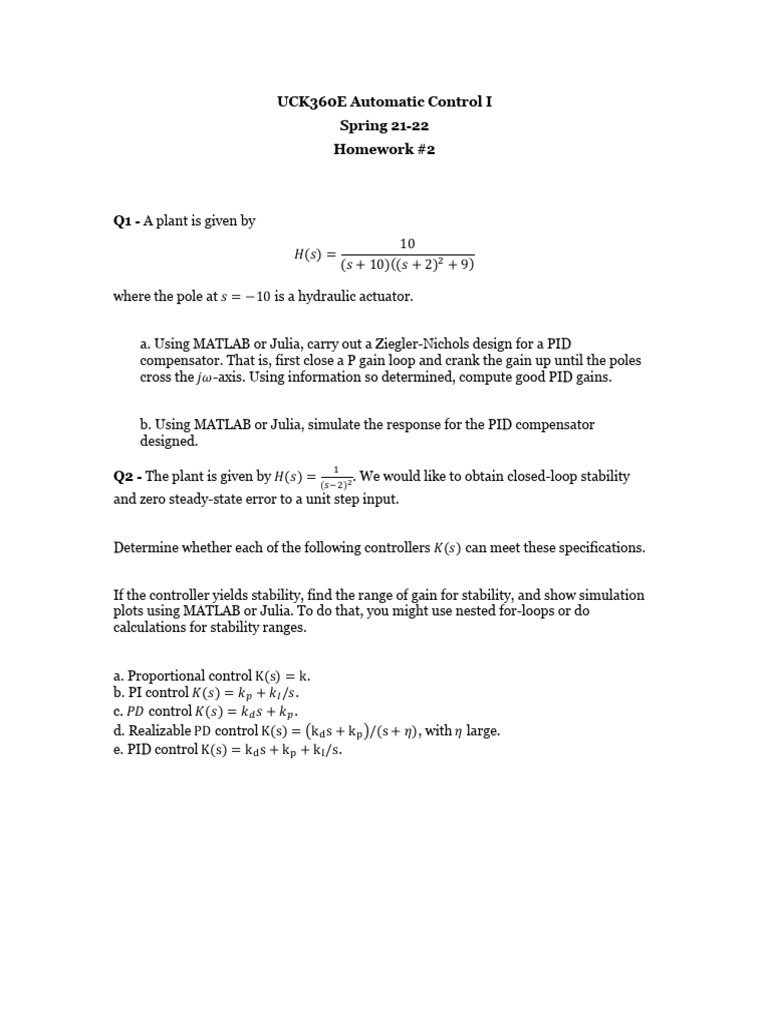 UCK360E Automatic Control I Spring 21-22 Homework #2 | PDF