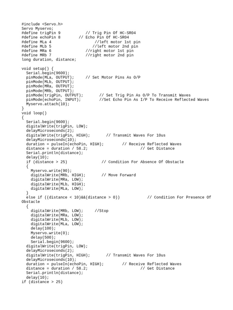 Arduino Obstacle Avoidance Robot Code | PDF | Electrical Engineering ...