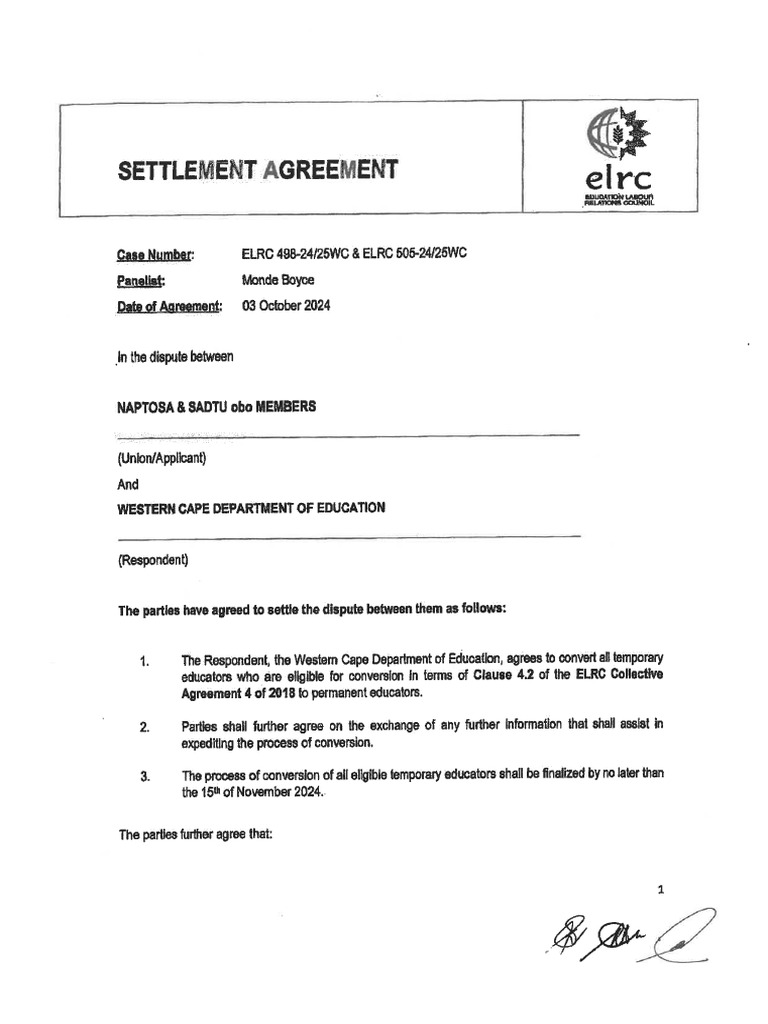 Wced Sadtu and Naptosa Settlement Agreement | PDF