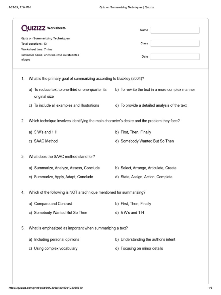 Quiz on Summarizing Techniques | PDF | Cognitive Science | Cognition