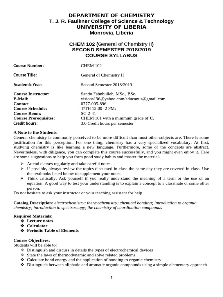 Chem 102 Course Syllabus Pdf Chemical Equilibrium Chemical Reactions